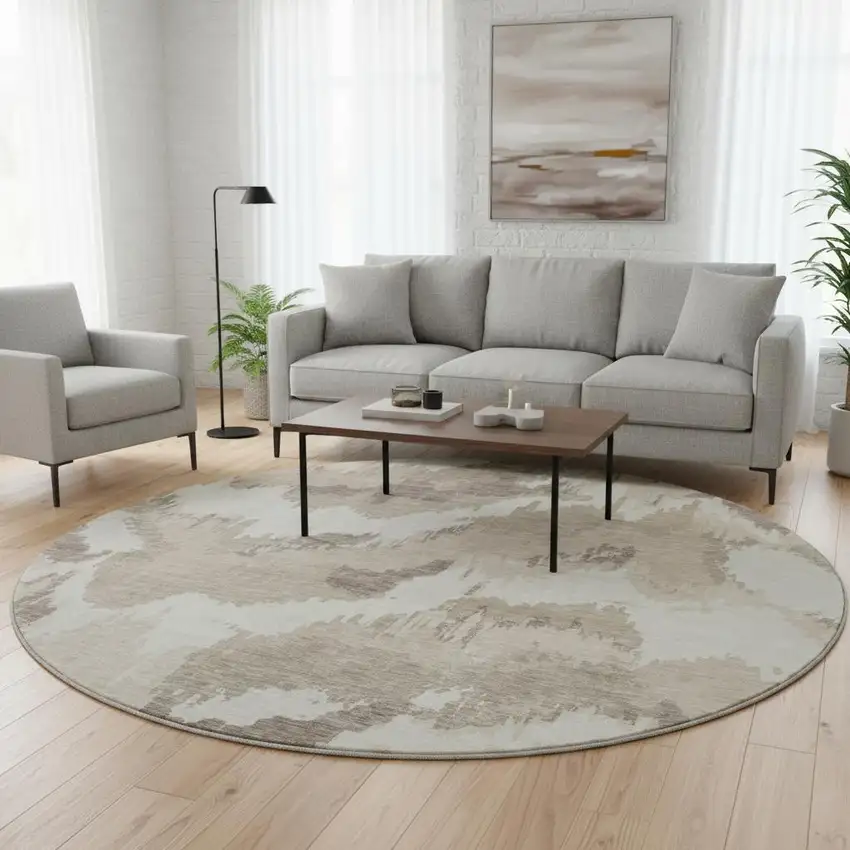 8' Beige And Ivory Abstract Washable Round Rug With UV Protection Photo 2