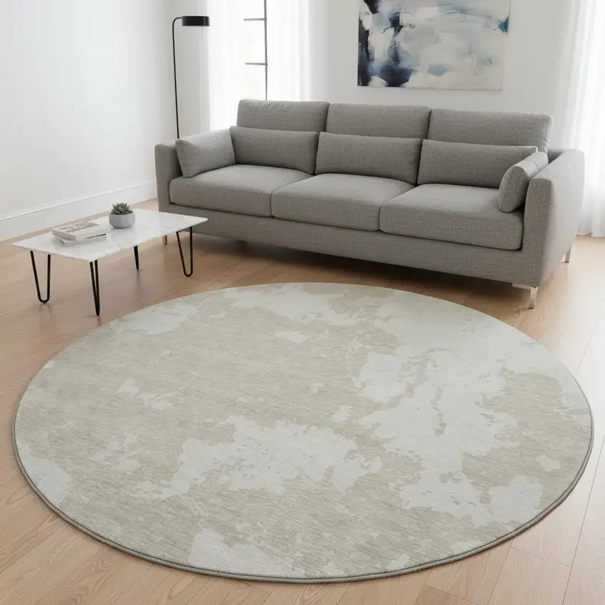 8' Beige And Ivory Abstract Washable Round Rug With UV Protection Photo 2