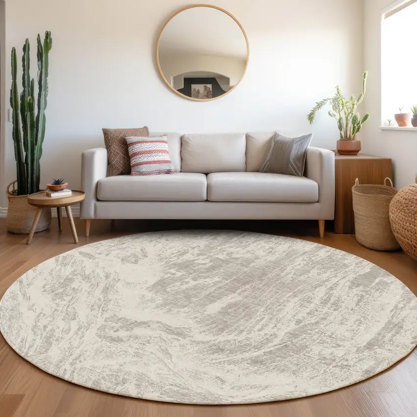 8' Beige And Ivory Abstract Washable Round Rug With UV Protection Photo 4
