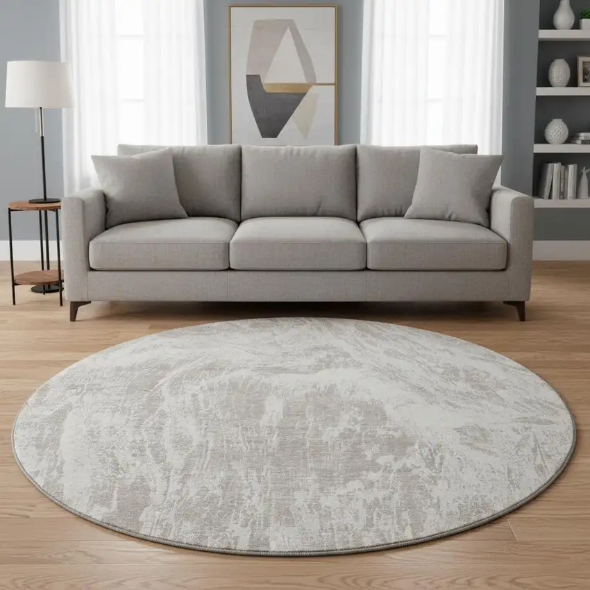 8' Beige And Ivory Abstract Washable Round Rug With UV Protection Photo 2