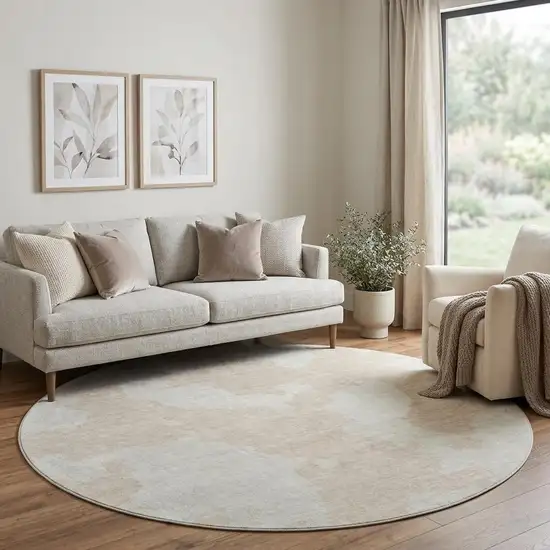 8' Beige And Ivory Abstract Washable Round Rug With UV Protection Photo 1