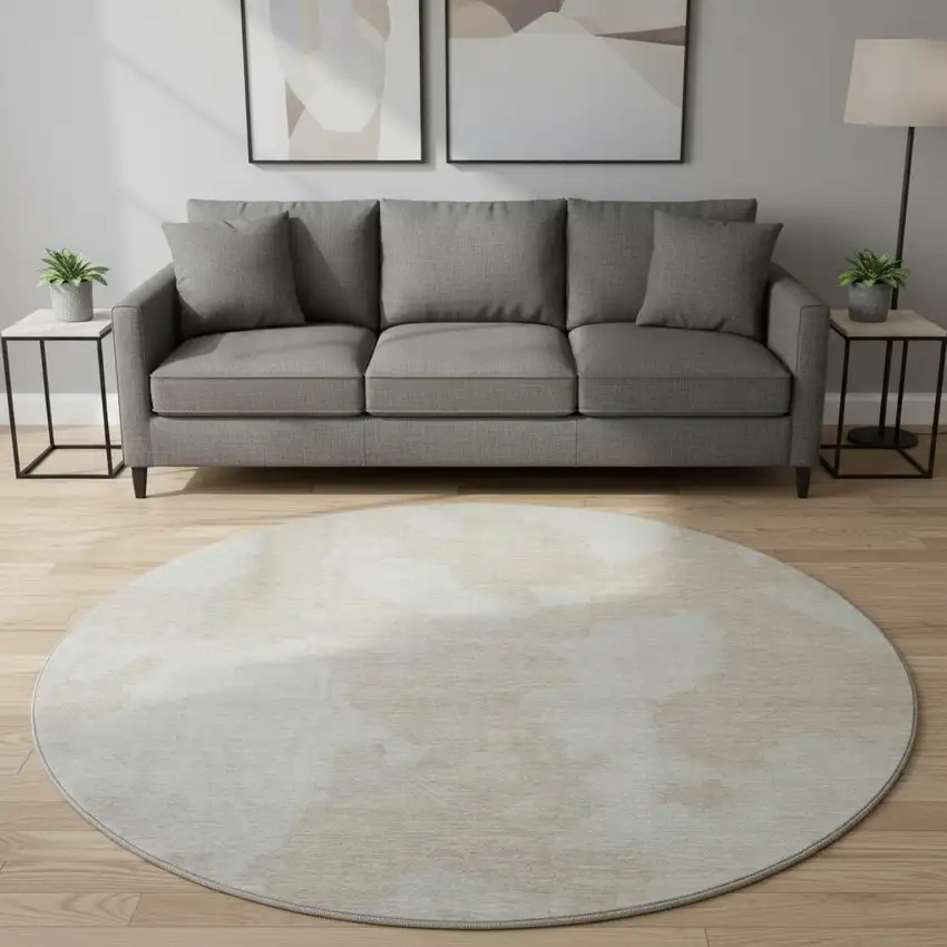 8' Beige And Ivory Abstract Washable Round Rug With UV Protection Photo 2