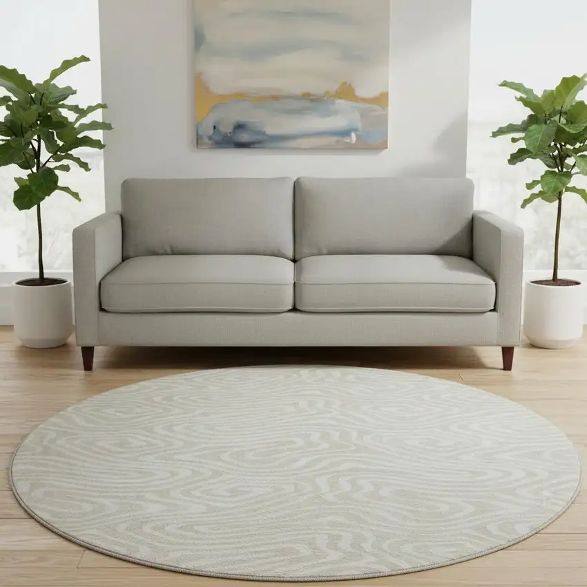 8' Beige And Ivory Abstract Washable Round Rug With UV Protection Photo 2