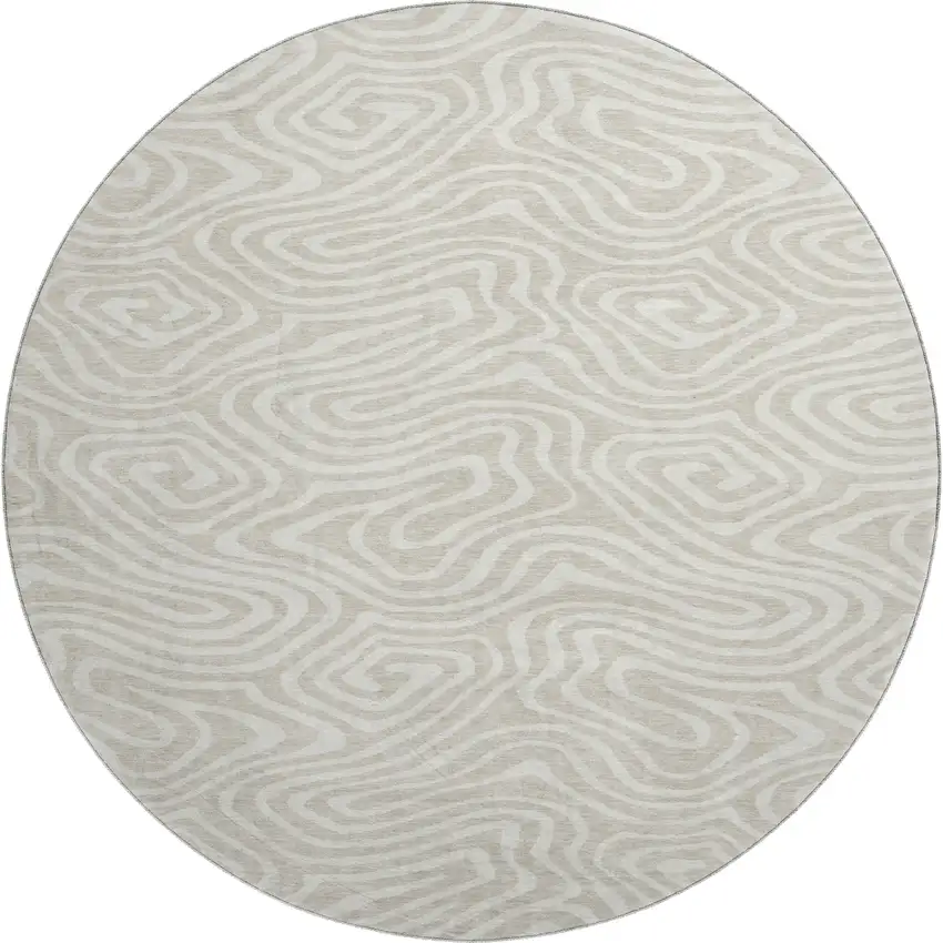 8' Beige And Ivory Abstract Washable Round Rug With UV Protection Photo 1