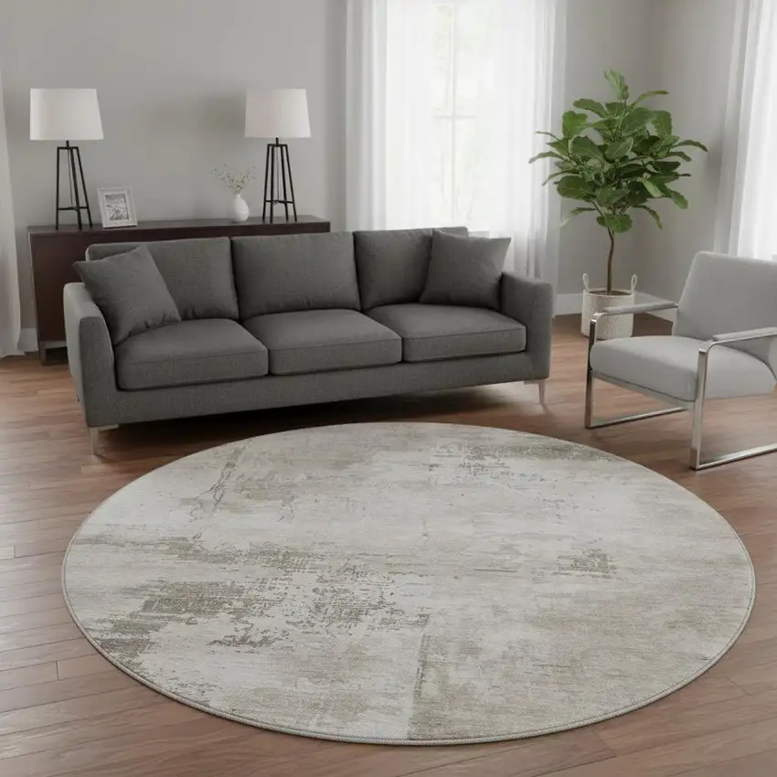 8' Beige And Ivory Abstract Washable Round Rug With UV Protection Photo 2