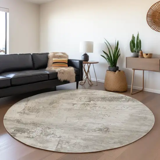 8' Beige And Ivory Abstract Washable Round Rug With UV Protection Photo 4