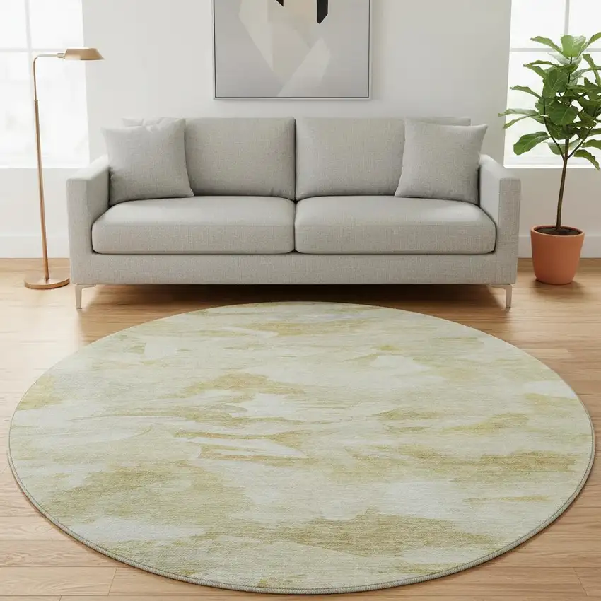 8' Beige And Ivory Abstract Washable Round Rug With UV Protection Photo 2