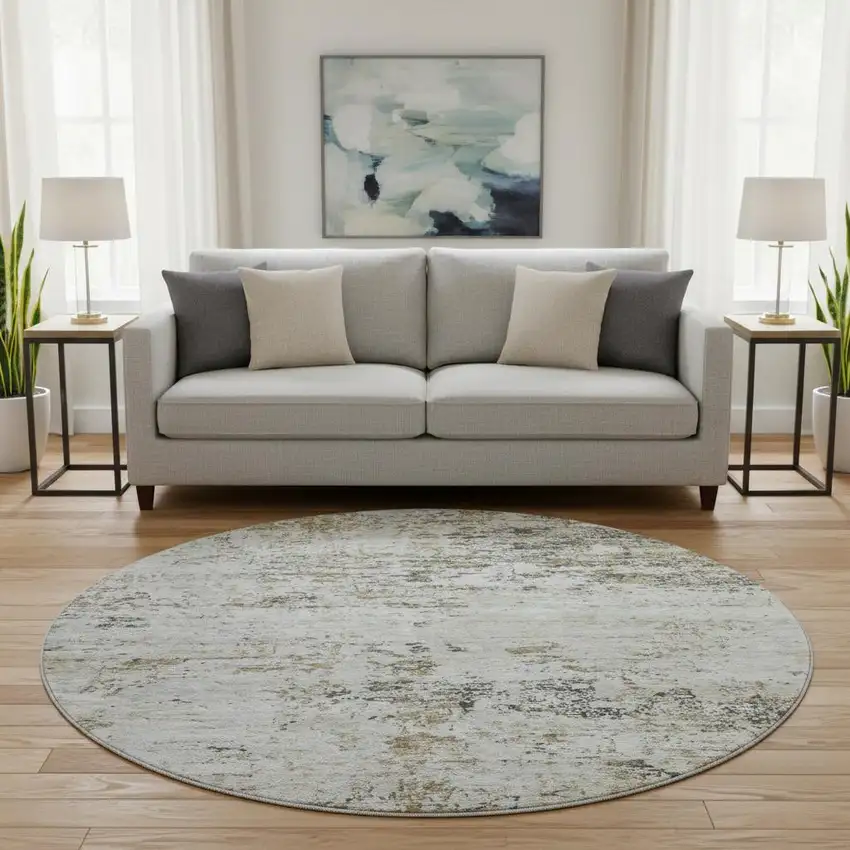 8' Beige And Ivory Abstract Washable Round Rug With UV Protection Photo 2