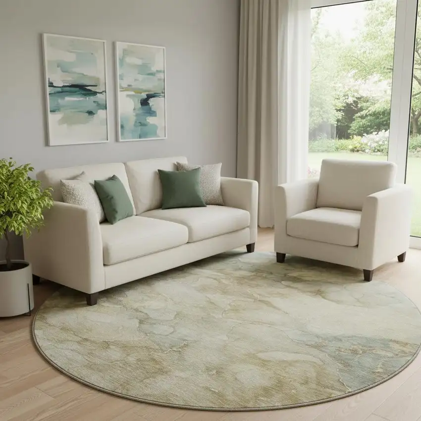 8' Beige And Ivory Abstract Washable Round Rug With UV Protection Photo 2