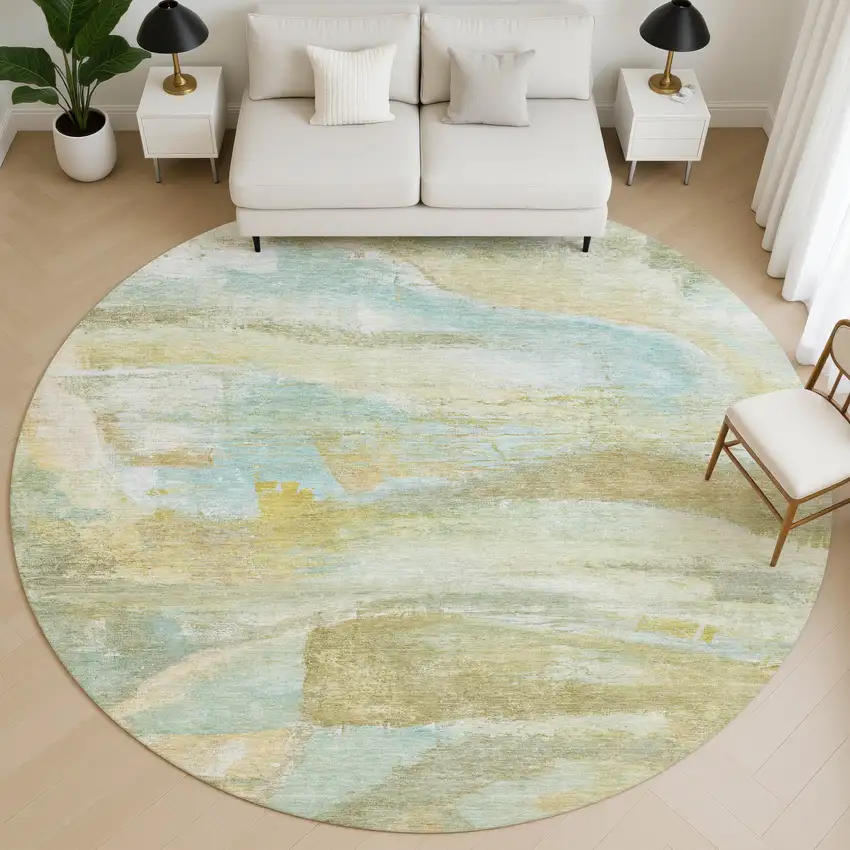 8' Beige And Ivory Abstract Washable Round Rug With UV Protection Photo 5
