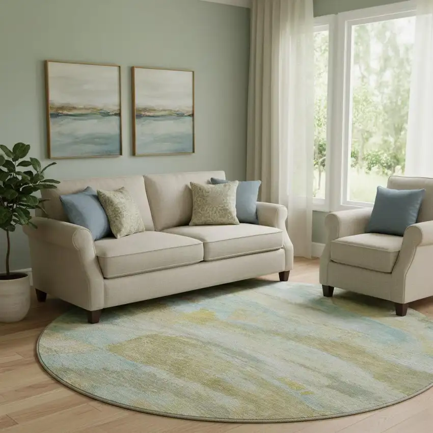 8' Beige And Ivory Abstract Washable Round Rug With UV Protection Photo 2