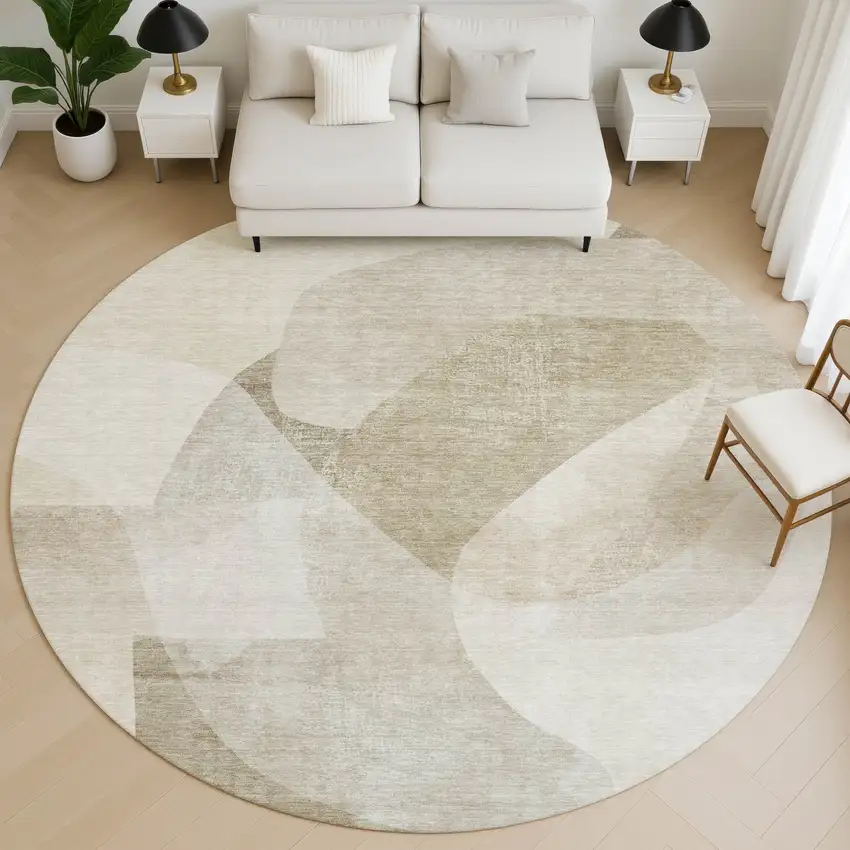 8' Beige And Ivory Abstract Washable Round Rug With UV Protection Photo 4