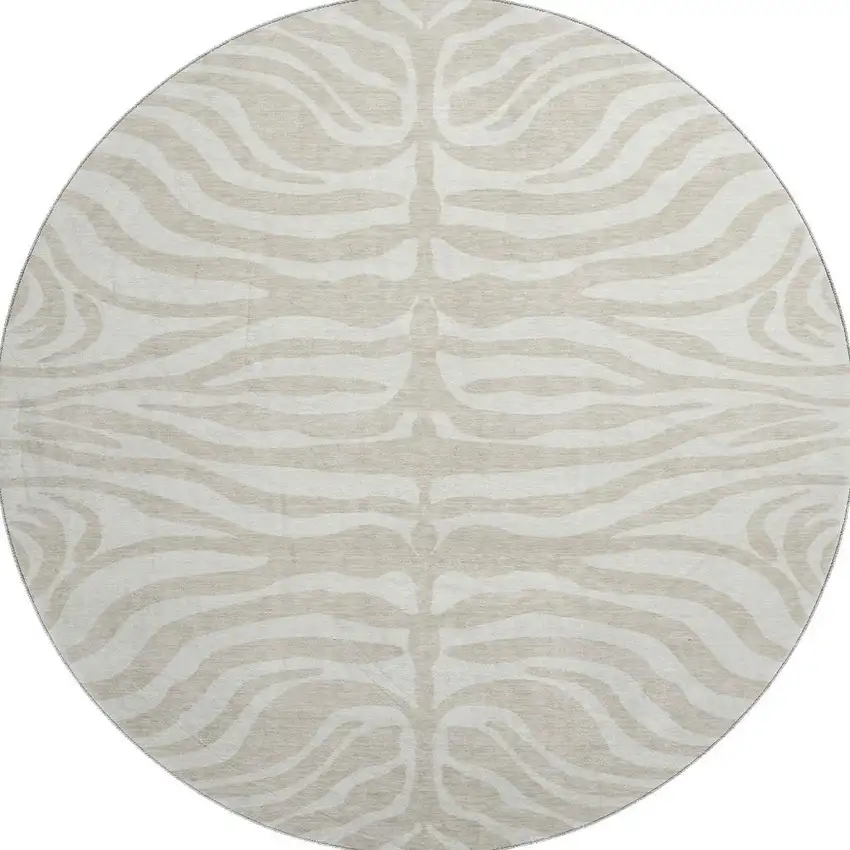 8' Beige And Ivory Animal Print Washable Round Rug With UV Protection Photo 2