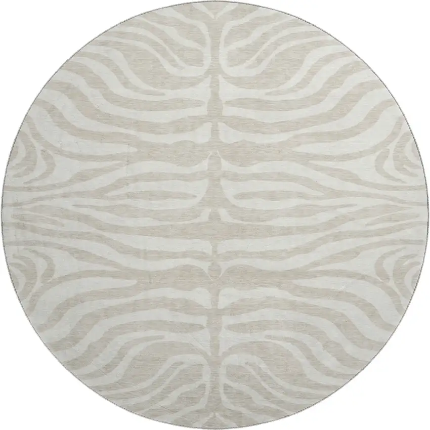 8' Beige And Ivory Animal Print Washable Round Rug With UV Protection Photo 1