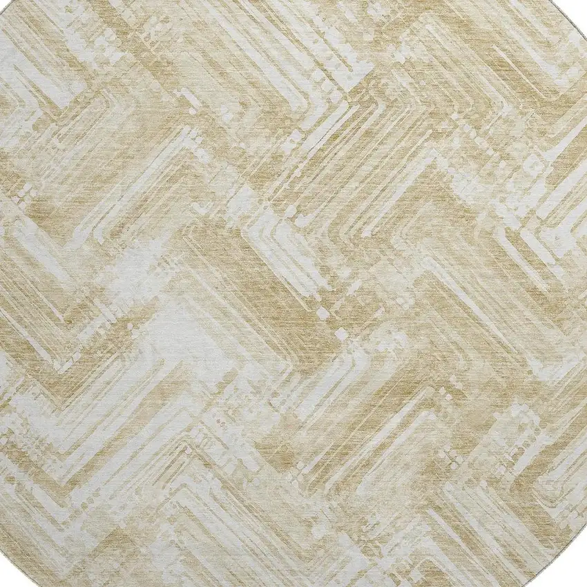 8' Beige And Ivory Chevron Washable Round Rug With UV Protection Photo 2