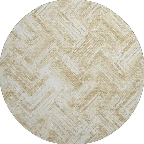 8' Beige And Ivory Chevron Washable Round Rug With UV Protection Photo 3