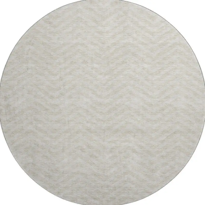 8' Beige And Ivory Chevron Washable Round Rug With UV Protection Photo 3