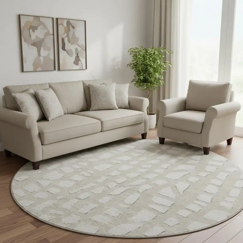 8' Beige And Ivory Cobblestone Washable Round Rug With UV Protection Photo 1