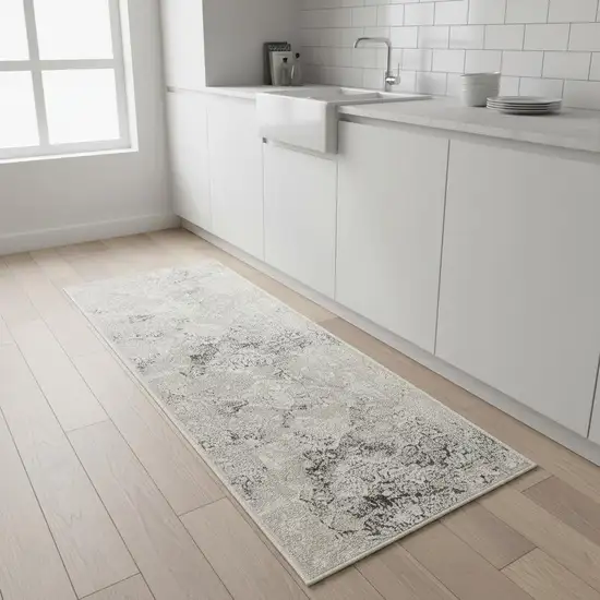 8' Beige And Ivory Damask Runner Rug Photo 1