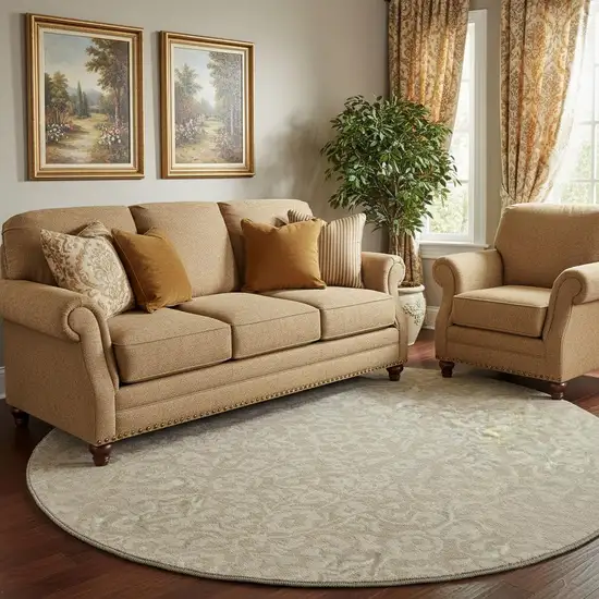 8' Beige And Ivory Damask Washable Round Rug With UV Protection Photo 1