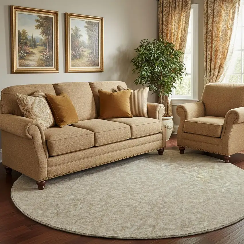 8' Beige And Ivory Damask Washable Round Rug With UV Protection Photo 1