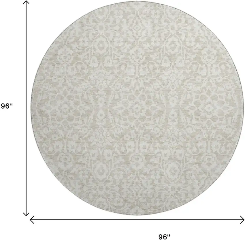 8' Beige And Ivory Damask Washable Round Rug With UV Protection Photo 3
