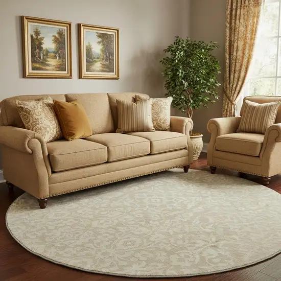 8' Beige And Ivory Damask Washable Round Rug With UV Protection Photo 1