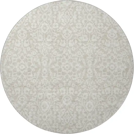 8' Beige And Ivory Damask Washable Round Rug With UV Protection Photo 4
