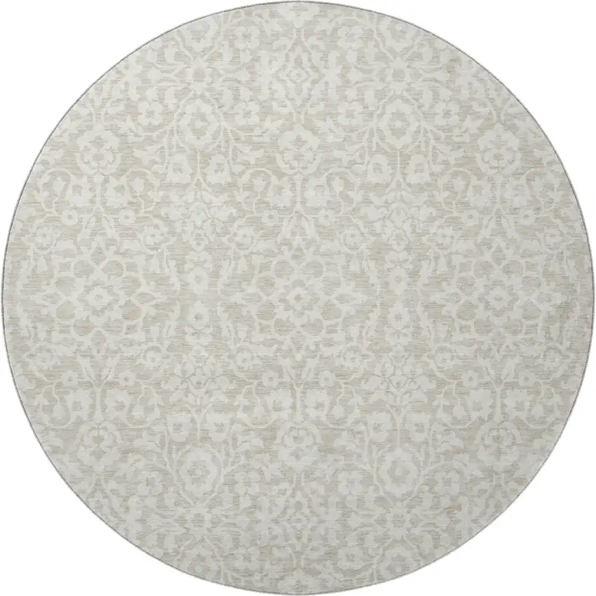 8' Beige And Ivory Damask Washable Round Rug With UV Protection Photo 4