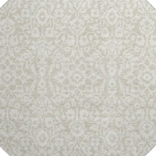 8' Beige And Ivory Damask Washable Round Rug With UV Protection Photo 3