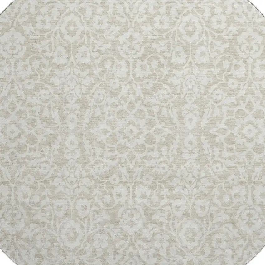 8' Beige And Ivory Damask Washable Round Rug With UV Protection Photo 3