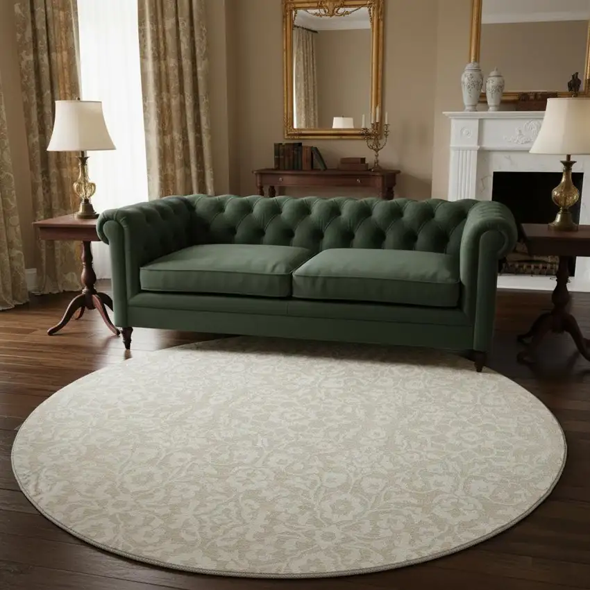 8' Beige And Ivory Damask Washable Round Rug With UV Protection Photo 2