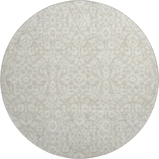 8' Beige And Ivory Damask Washable Round Rug With UV Protection Photo 1