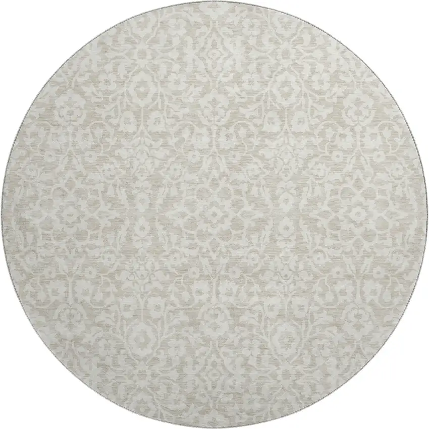 8' Beige And Ivory Damask Washable Round Rug With UV Protection Photo 1