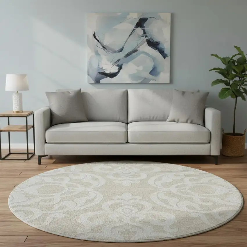 8' Beige And Ivory Damask Washable Round Rug With UV Protection Photo 2