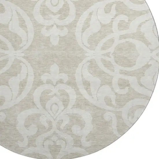 8' Beige And Ivory Damask Washable Round Rug With UV Protection Photo 2