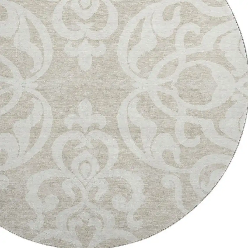8' Beige And Ivory Damask Washable Round Rug With UV Protection Photo 2