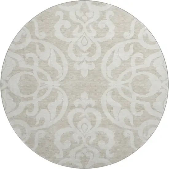8' Beige And Ivory Damask Washable Round Rug With UV Protection Photo 1
