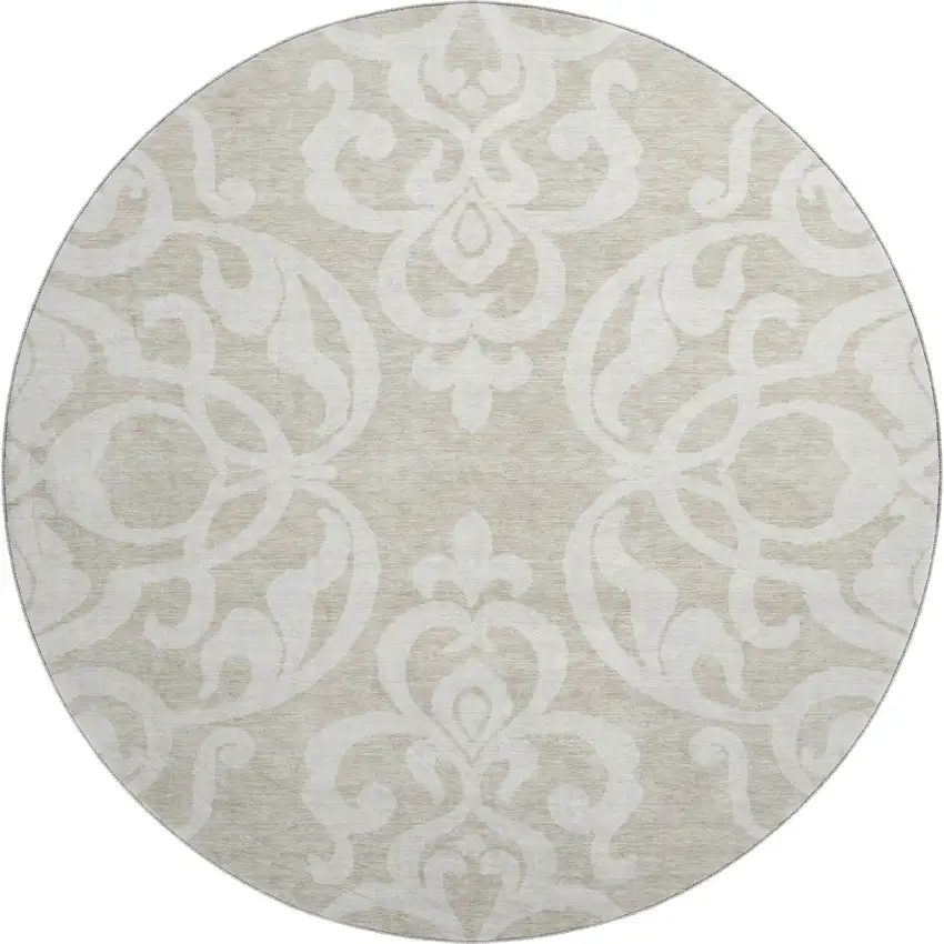 8' Beige And Ivory Damask Washable Round Rug With UV Protection Photo 1