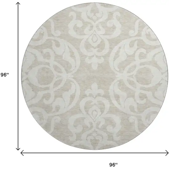8' Beige And Ivory Damask Washable Round Rug With UV Protection Photo 9