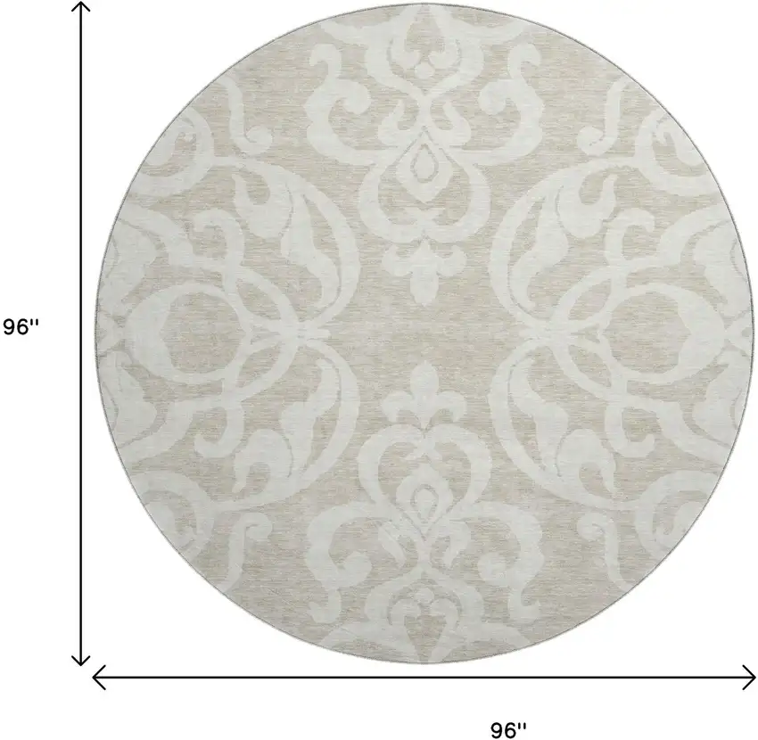 8' Beige And Ivory Damask Washable Round Rug With UV Protection Photo 9