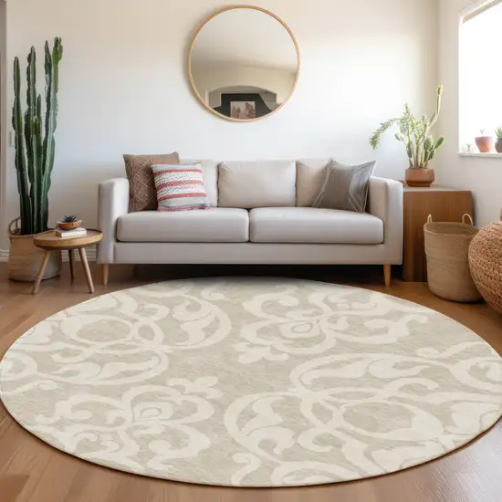 8' Beige And Ivory Damask Washable Round Rug With UV Protection Photo 4