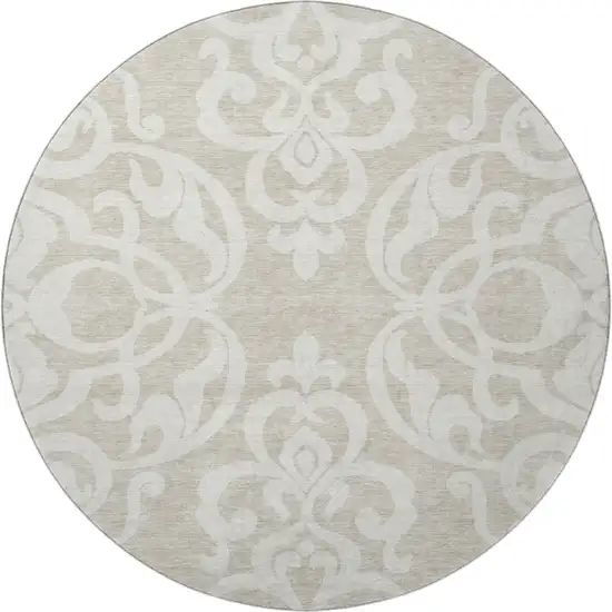 8' Beige And Ivory Damask Washable Round Rug With UV Protection Photo 3