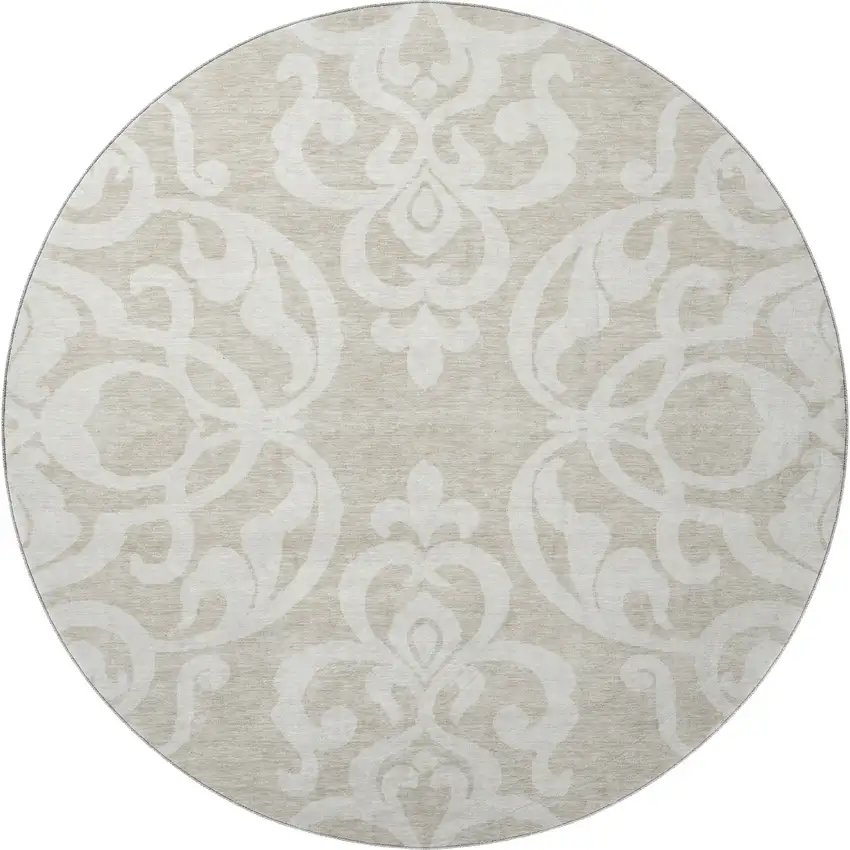 8' Beige And Ivory Damask Washable Round Rug With UV Protection Photo 3