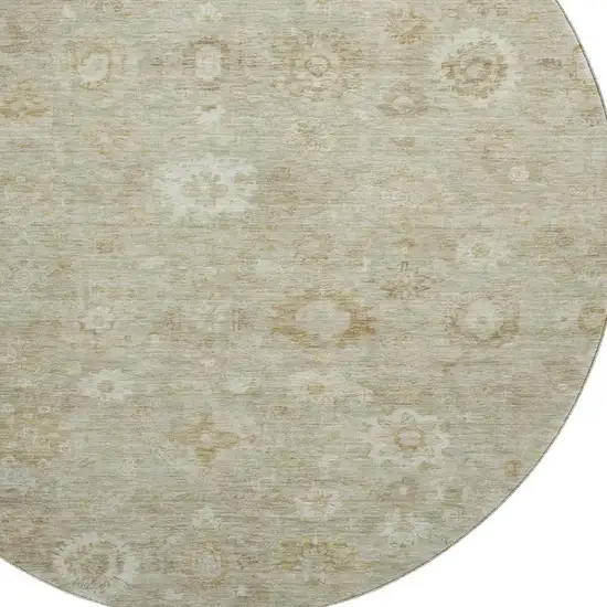 8' Beige And Ivory Damask Washable Round Rug With UV Protection Photo 2