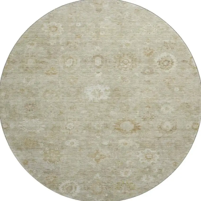 8' Beige And Ivory Damask Washable Round Rug With UV Protection Photo 3