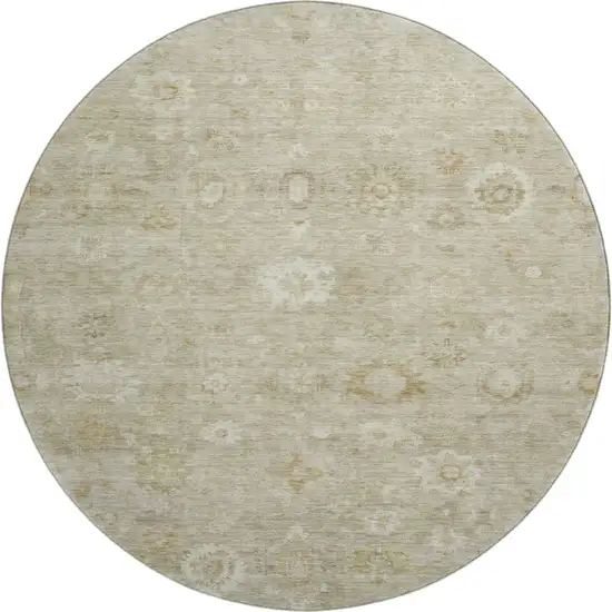 8' Beige And Ivory Damask Washable Round Rug With UV Protection Photo 1