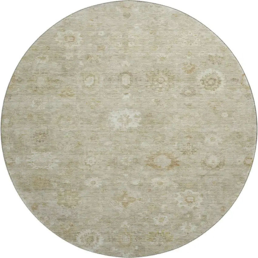8' Beige And Ivory Damask Washable Round Rug With UV Protection Photo 1