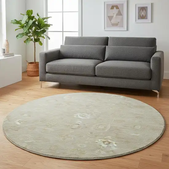 8' Beige And Ivory Damask Washable Round Rug With UV Protection Photo 2
