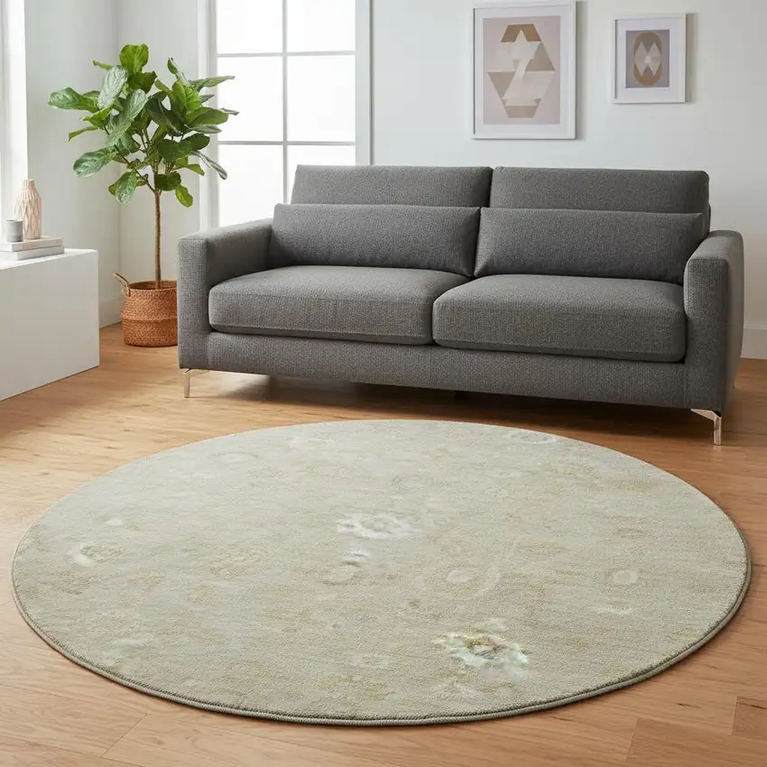 8' Beige And Ivory Damask Washable Round Rug With UV Protection Photo 2